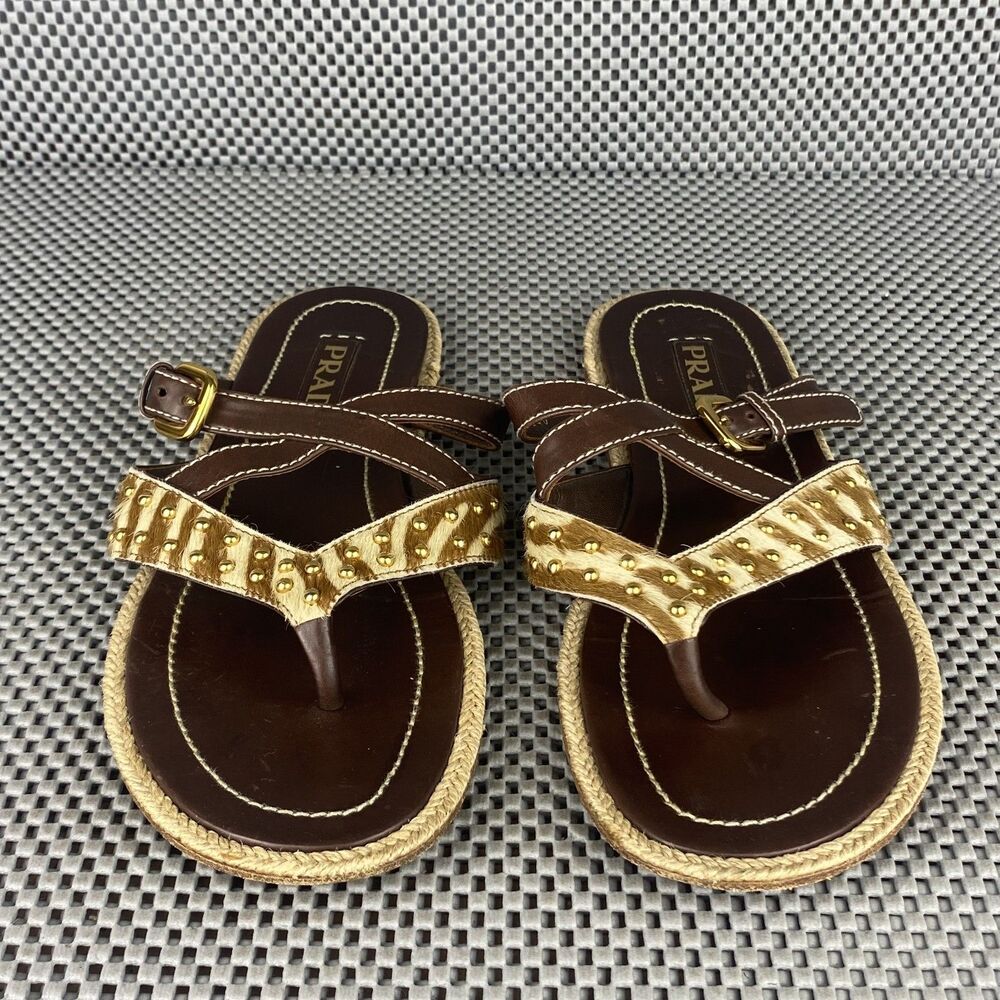 Vintage Prada Sandals Womens 37.5 Brown Leather Thong Sandals Made in Italy - Picture 7 of 12